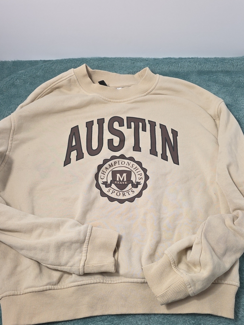 H&M Cream Crewneck Sweater with Austin Graphic
